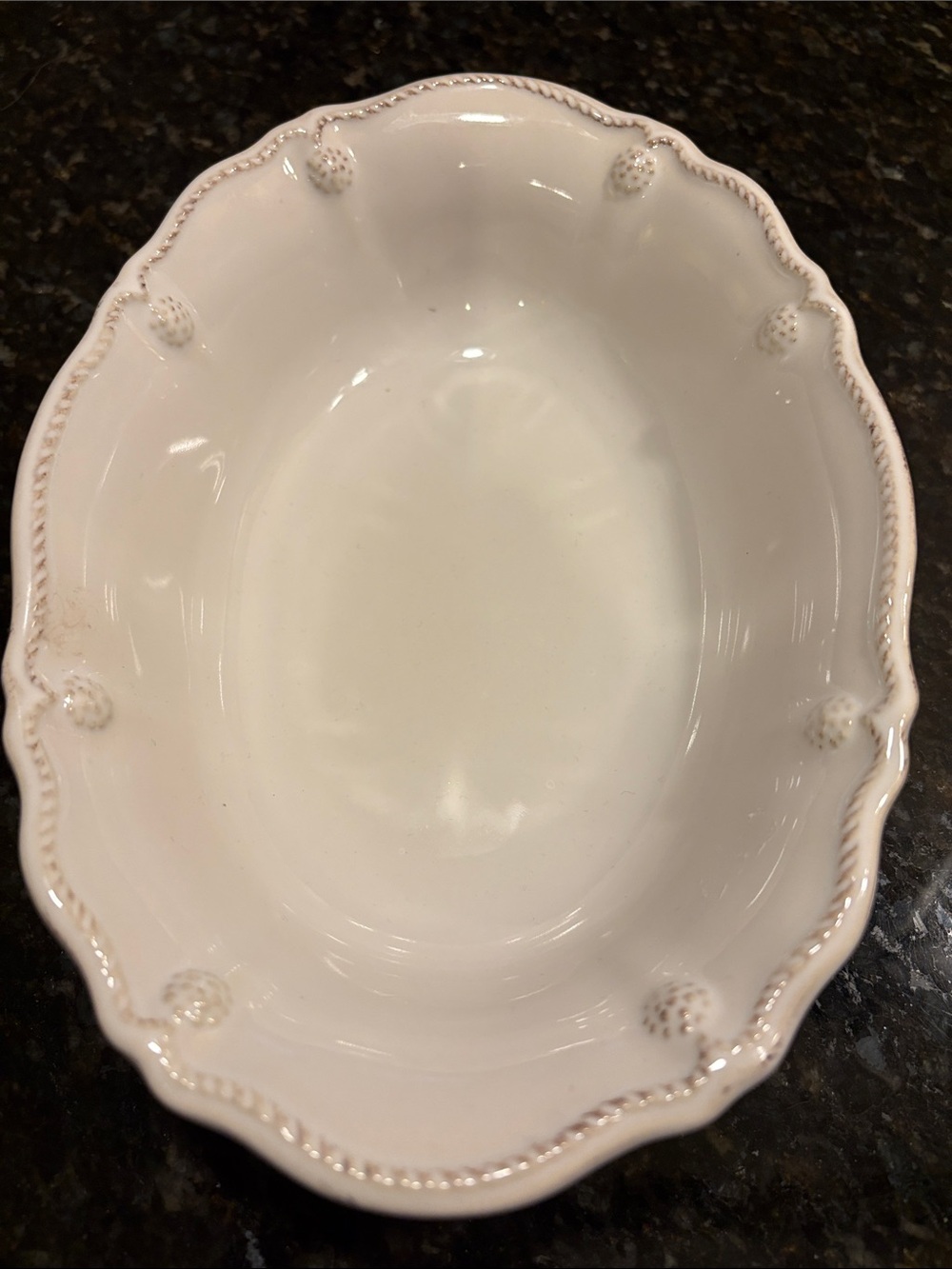 Juliska White Scalloped Ceramic Serving Bowl with Beaded Edge